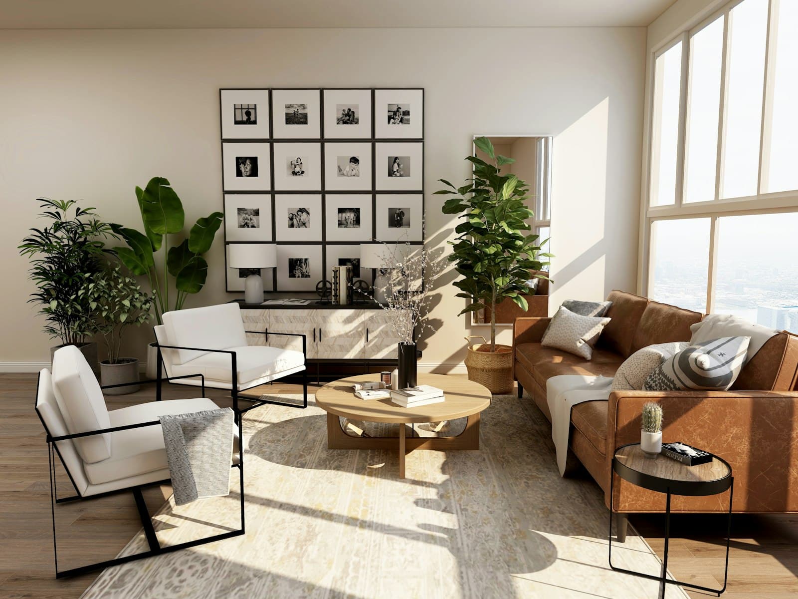 A sunlit living room with a leather sofa, oak table, and tall windows.